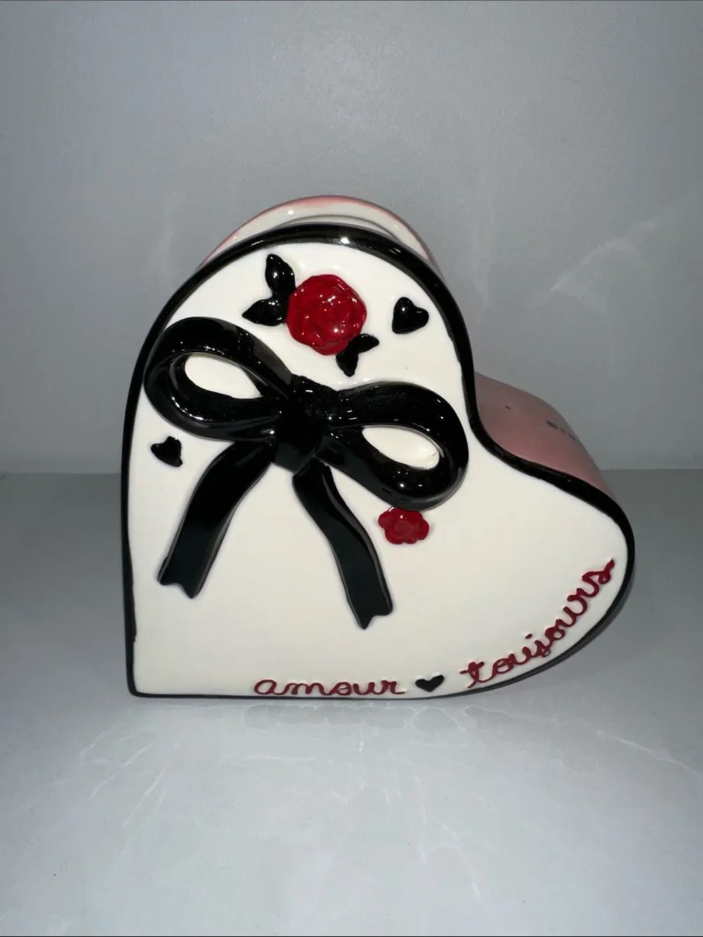 Anthropologie Pink White Black Amour Ceramic Heart Shaped Vase